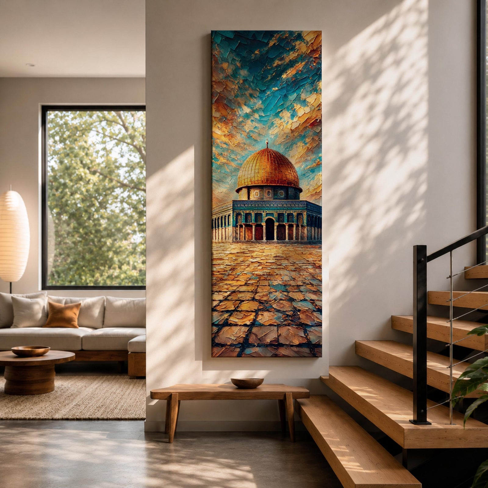 Tall vertical painting of the Dome of the Rock in Jerusalem with the golden dome rising above the historic stone courtyard of the Al Aqsa mosque complex. The scene features textured oil brushstrokes and a dramatic sky in blue and gold tones.