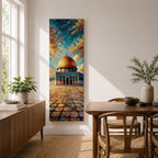 Tall vertical painting of the Dome of the Rock in Jerusalem with the golden dome rising above the historic stone courtyard of the Al Aqsa mosque complex. The scene features textured oil brushstrokes and a dramatic sky in blue and gold tones.