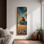 Tall vertical painting of the Dome of the Rock in Jerusalem with the golden dome rising above the historic stone courtyard of the Al Aqsa mosque complex. The scene features textured oil brushstrokes and a dramatic sky in blue and gold tones.