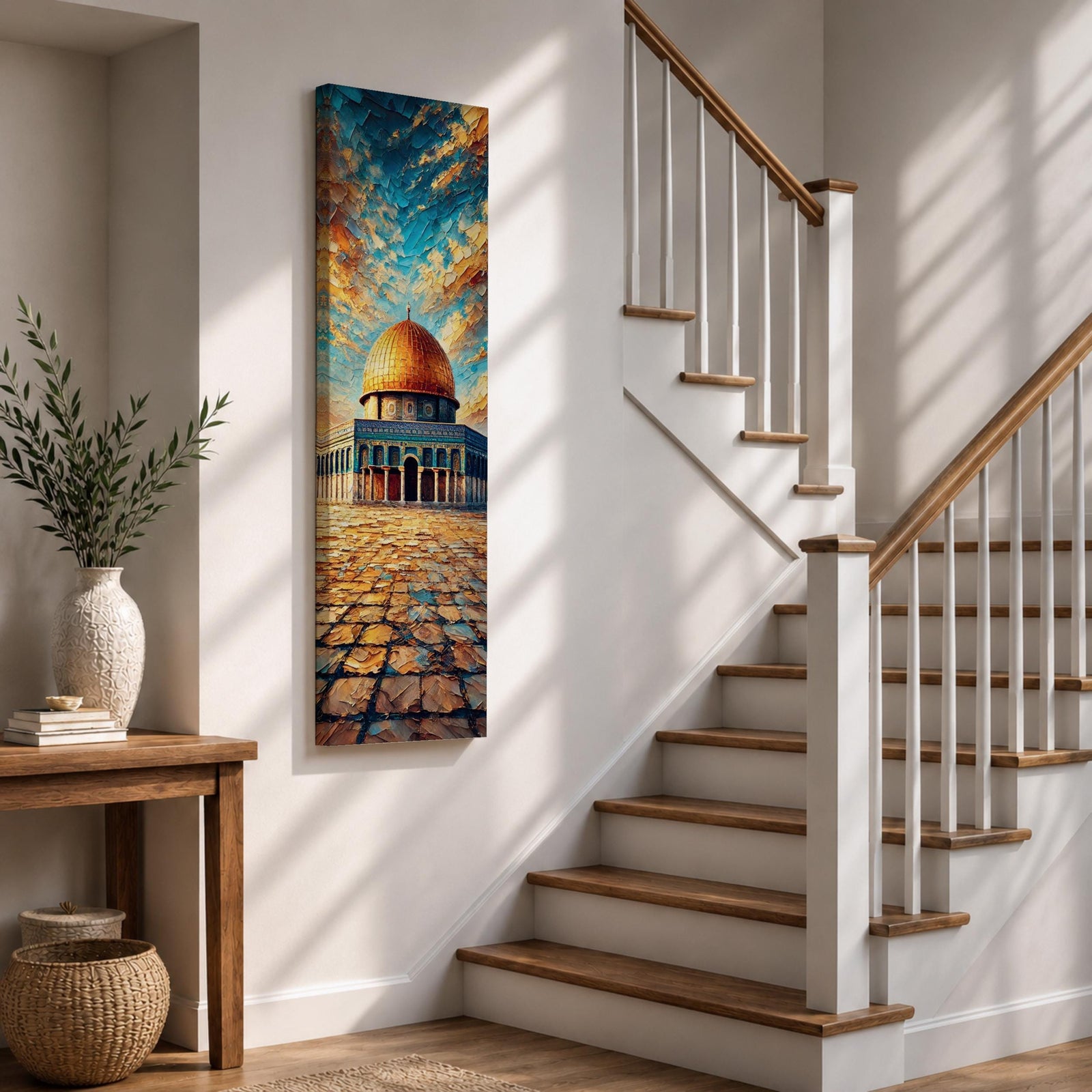 Tall vertical painting of the Dome of the Rock in Jerusalem with the golden dome rising above the historic stone courtyard of the Al Aqsa mosque complex. The scene features textured oil brushstrokes and a dramatic sky in blue and gold tones.