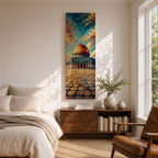 Tall vertical painting of the Dome of the Rock in Jerusalem with the golden dome rising above the historic stone courtyard of the Al Aqsa mosque complex. The scene features textured oil brushstrokes and a dramatic sky in blue and gold tones.