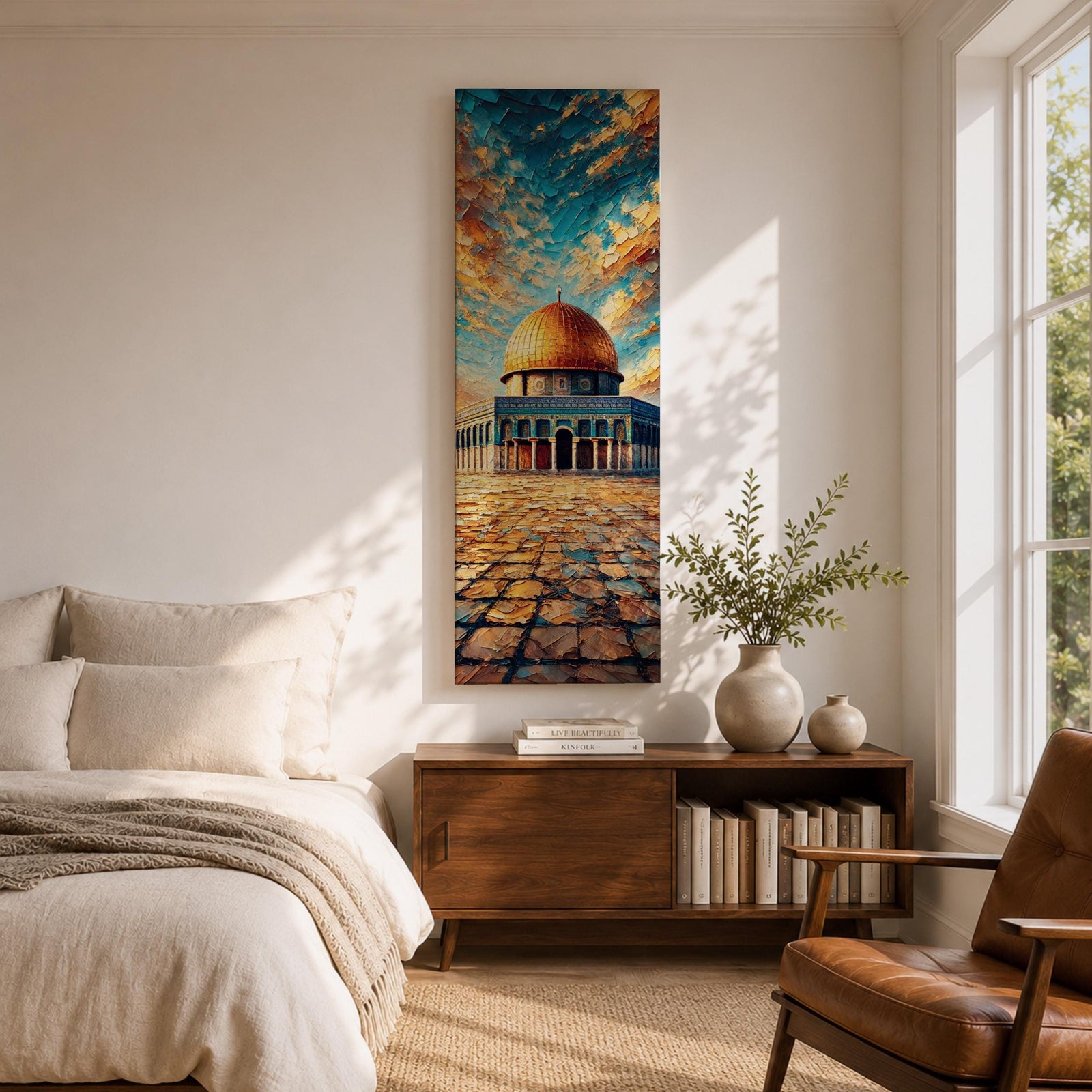 Tall vertical painting of the Dome of the Rock in Jerusalem with the golden dome rising above the historic stone courtyard of the Al Aqsa mosque complex. The scene features textured oil brushstrokes and a dramatic sky in blue and gold tones.