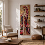Long vertical Byzantine inspired painting of the Virgin Mary wearing a richly patterned robe covered with roses and floral motifs while holding a small book. A detailed golden halo surrounds her head and intricate decorative textures fill the background creating a devotional religious icon composition.