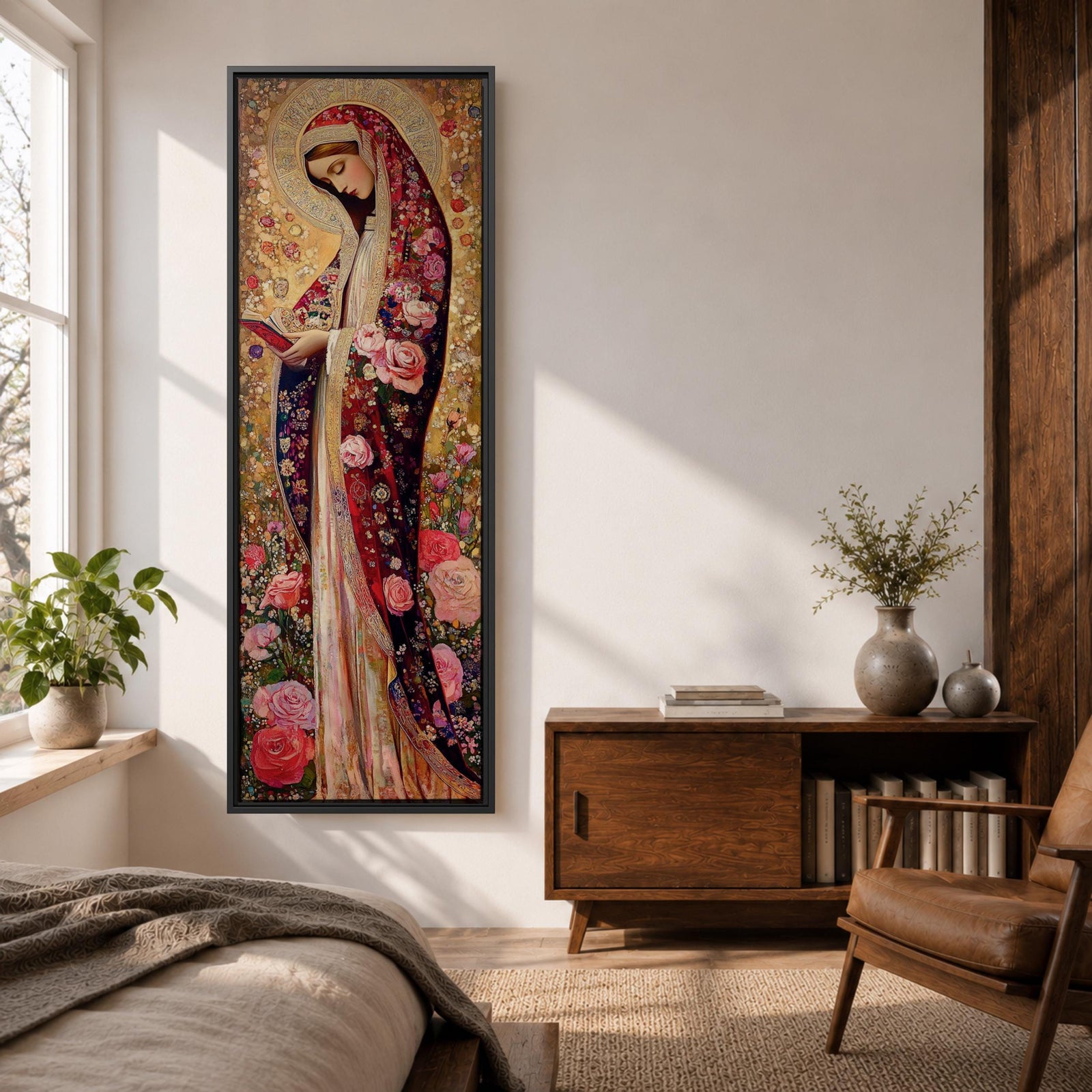 Long vertical Byzantine inspired painting of the Virgin Mary wearing a richly patterned robe covered with roses and floral motifs while holding a small book. A detailed golden halo surrounds her head and intricate decorative textures fill the background creating a devotional religious icon composition.