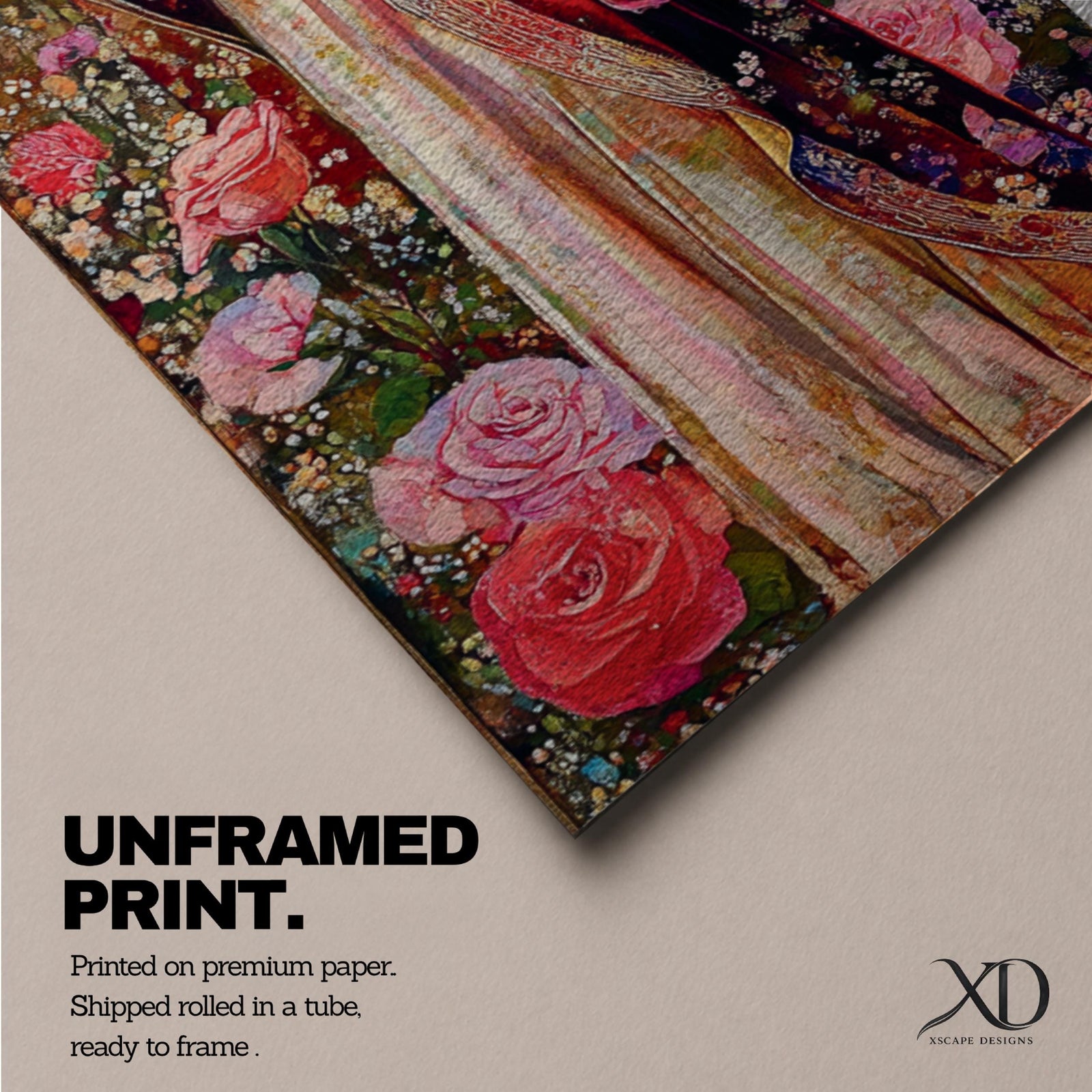Long vertical Byzantine inspired painting of the Virgin Mary wearing a richly patterned robe covered with roses and floral motifs while holding a small book. A detailed golden halo surrounds her head and intricate decorative textures fill the background creating a devotional religious icon composition.