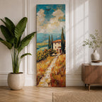 Vertical oil style painting of a Tuscany landscape featuring a winding dirt path leading to a small countryside villa with a red tiled roof surrounded by tall cypress trees. Rolling hills stretch into the distance beneath a dramatic sky filled with textured clouds, painted in expressive brushstrokes with warm earth tones and soft blue horizons.