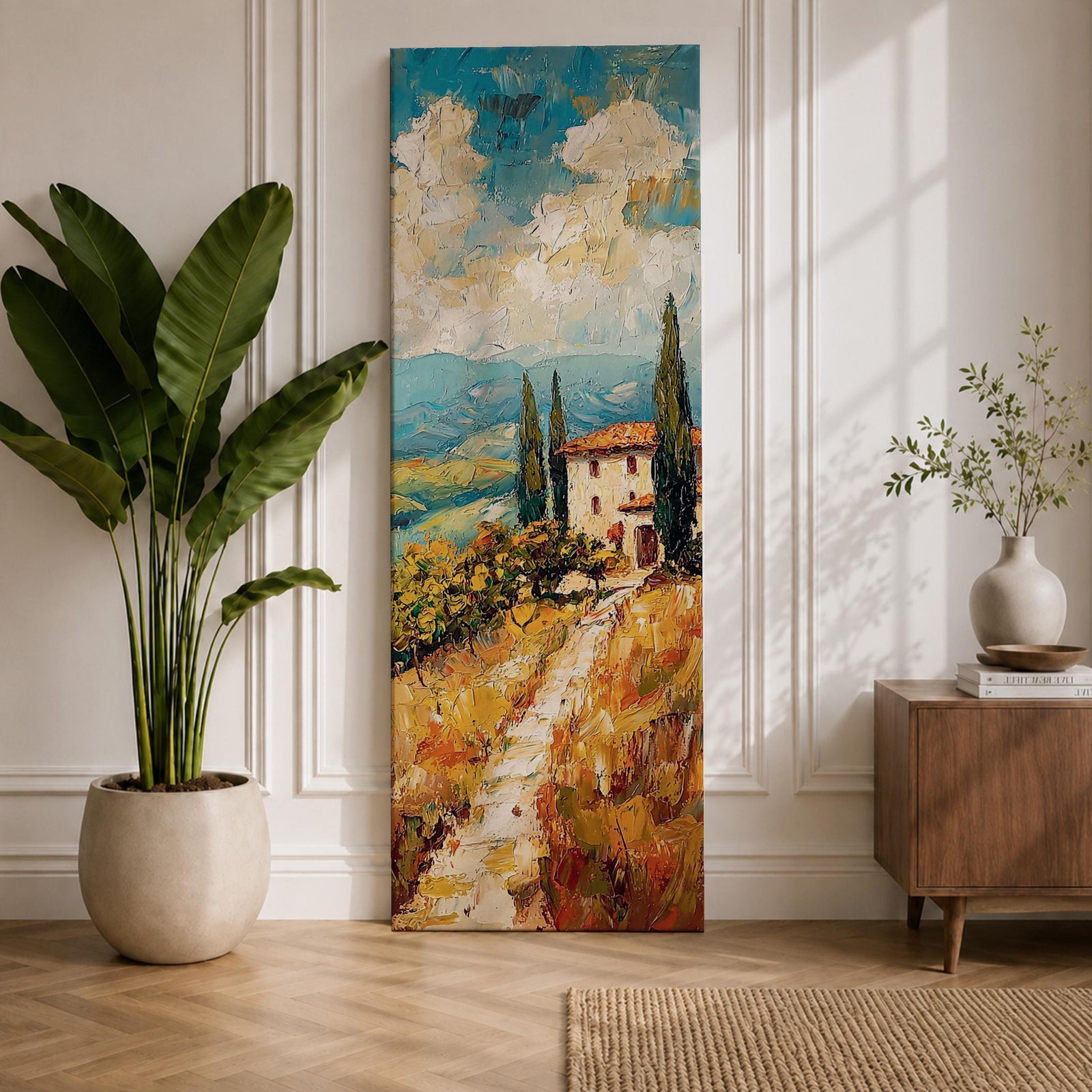 Vertical oil style painting of a Tuscany landscape featuring a winding dirt path leading to a small countryside villa with a red tiled roof surrounded by tall cypress trees. Rolling hills stretch into the distance beneath a dramatic sky filled with textured clouds, painted in expressive brushstrokes with warm earth tones and soft blue horizons.