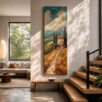Vertical oil style painting of a Tuscany landscape featuring a winding dirt path leading to a small countryside villa with a red tiled roof surrounded by tall cypress trees. Rolling hills stretch into the distance beneath a dramatic sky filled with textured clouds, painted in expressive brushstrokes with warm earth tones and soft blue horizons.