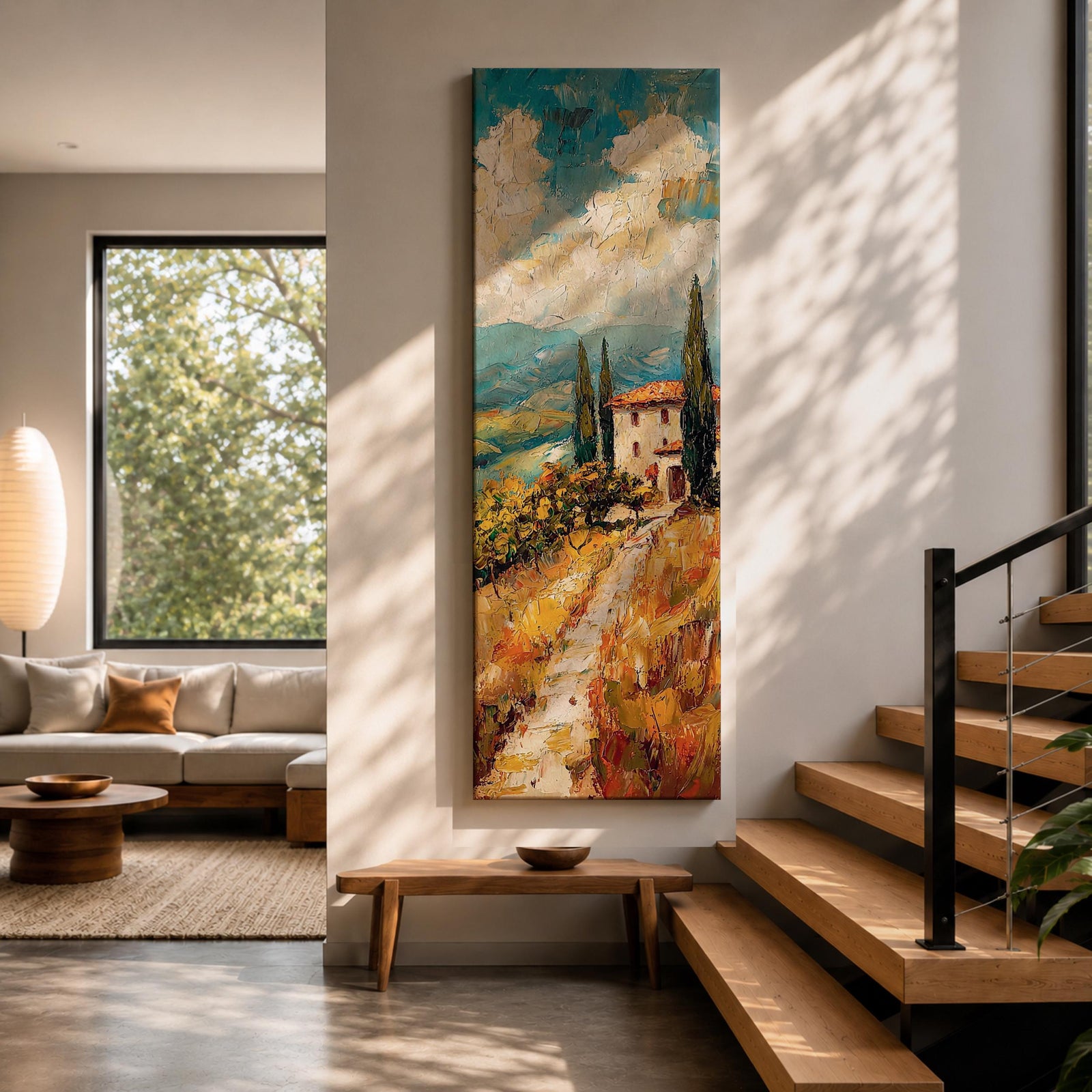 Vertical oil style painting of a Tuscany landscape featuring a winding dirt path leading to a small countryside villa with a red tiled roof surrounded by tall cypress trees. Rolling hills stretch into the distance beneath a dramatic sky filled with textured clouds, painted in expressive brushstrokes with warm earth tones and soft blue horizons.