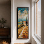 Vertical oil style painting of a Tuscany landscape featuring a winding dirt path leading to a small countryside villa with a red tiled roof surrounded by tall cypress trees. Rolling hills stretch into the distance beneath a dramatic sky filled with textured clouds, painted in expressive brushstrokes with warm earth tones and soft blue horizons.