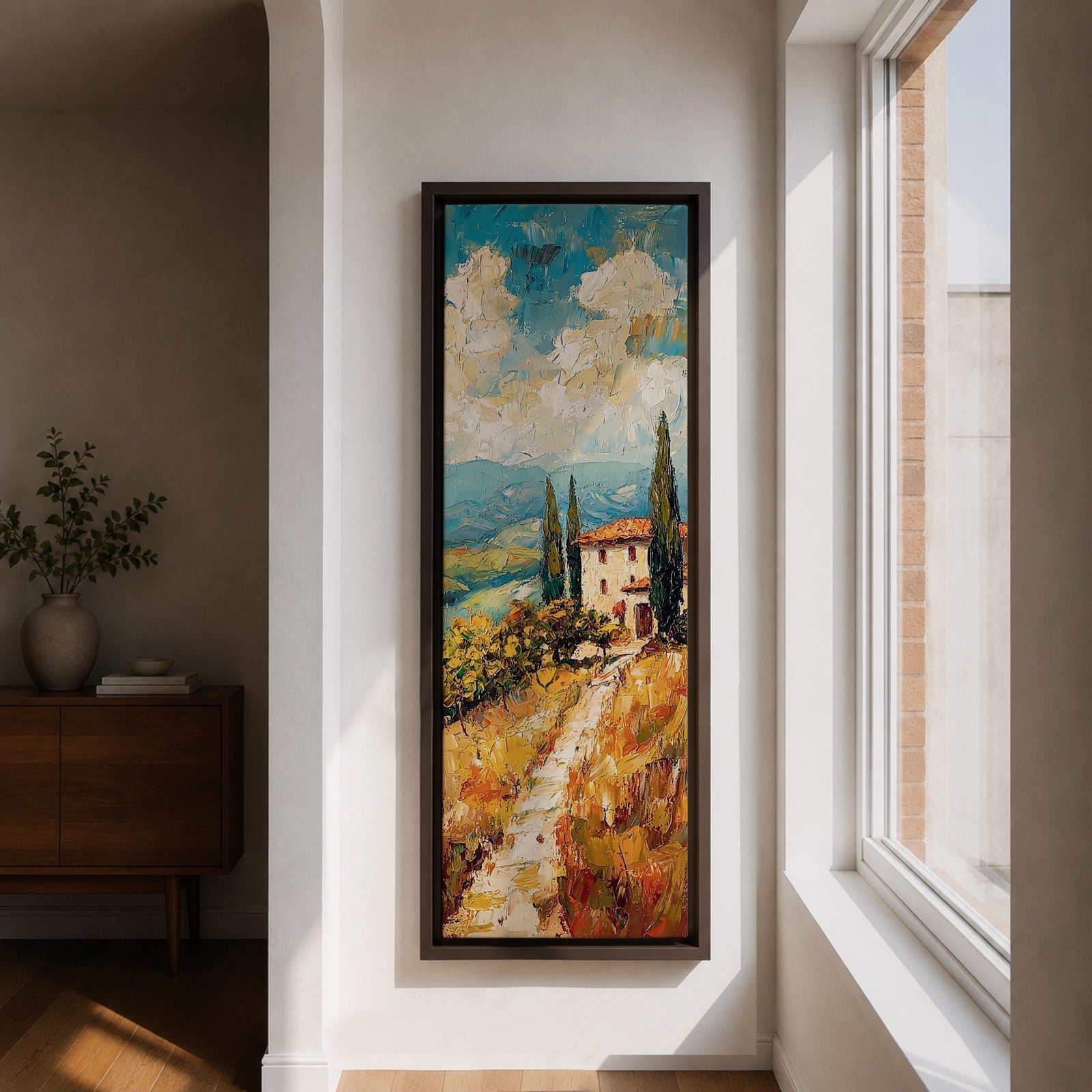 Vertical oil style painting of a Tuscany landscape featuring a winding dirt path leading to a small countryside villa with a red tiled roof surrounded by tall cypress trees. Rolling hills stretch into the distance beneath a dramatic sky filled with textured clouds, painted in expressive brushstrokes with warm earth tones and soft blue horizons.