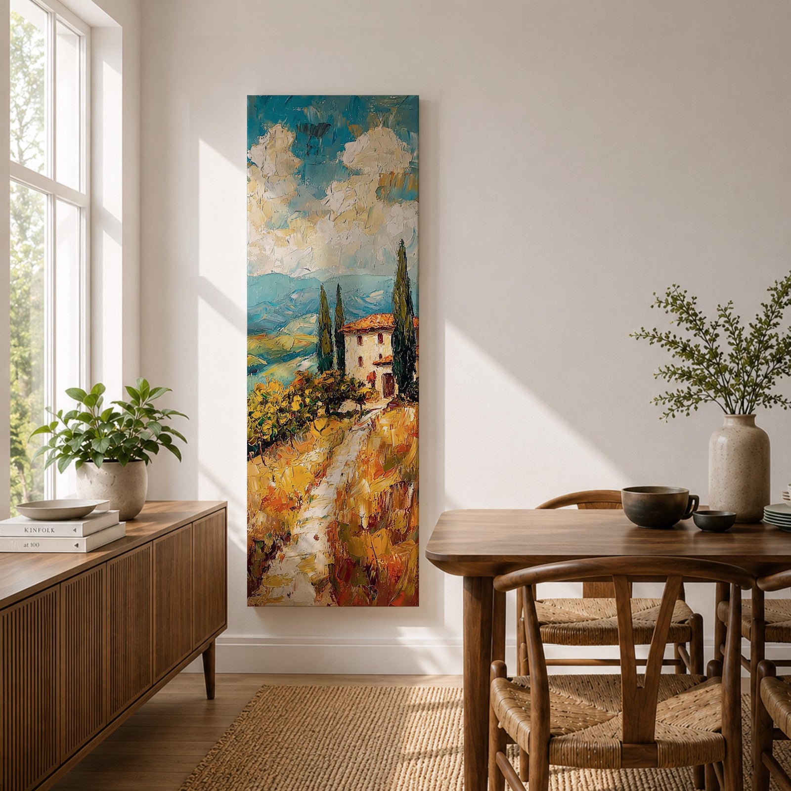 Vertical oil style painting of a Tuscany landscape featuring a winding dirt path leading to a small countryside villa with a red tiled roof surrounded by tall cypress trees. Rolling hills stretch into the distance beneath a dramatic sky filled with textured clouds, painted in expressive brushstrokes with warm earth tones and soft blue horizons.