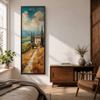 Vertical oil style painting of a Tuscany landscape featuring a winding dirt path leading to a small countryside villa with a red tiled roof surrounded by tall cypress trees. Rolling hills stretch into the distance beneath a dramatic sky filled with textured clouds, painted in expressive brushstrokes with warm earth tones and soft blue horizons.