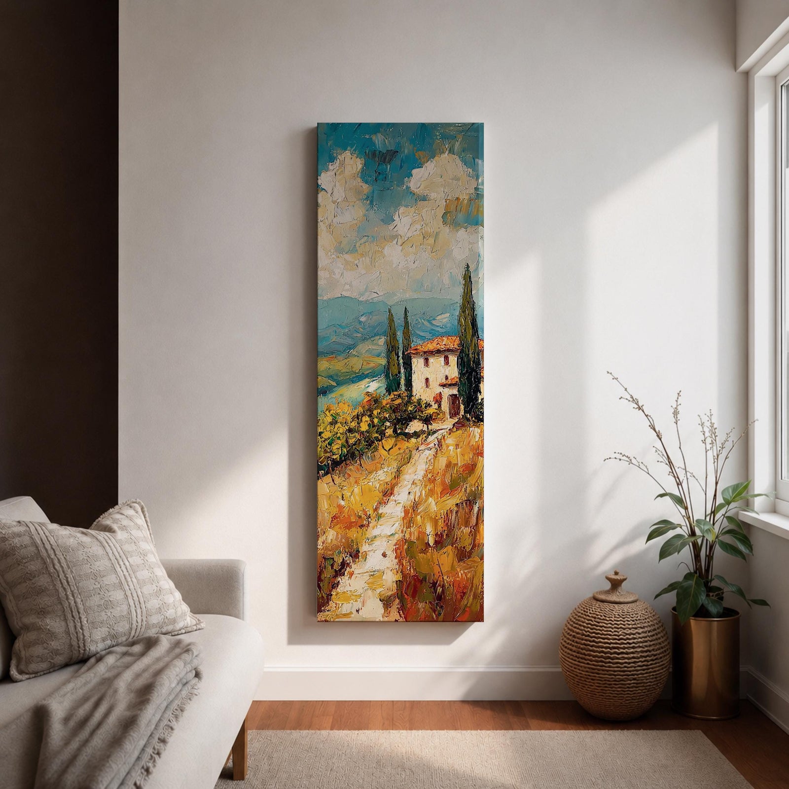 Vertical oil style painting of a Tuscany landscape featuring a winding dirt path leading to a small countryside villa with a red tiled roof surrounded by tall cypress trees. Rolling hills stretch into the distance beneath a dramatic sky filled with textured clouds, painted in expressive brushstrokes with warm earth tones and soft blue horizons.