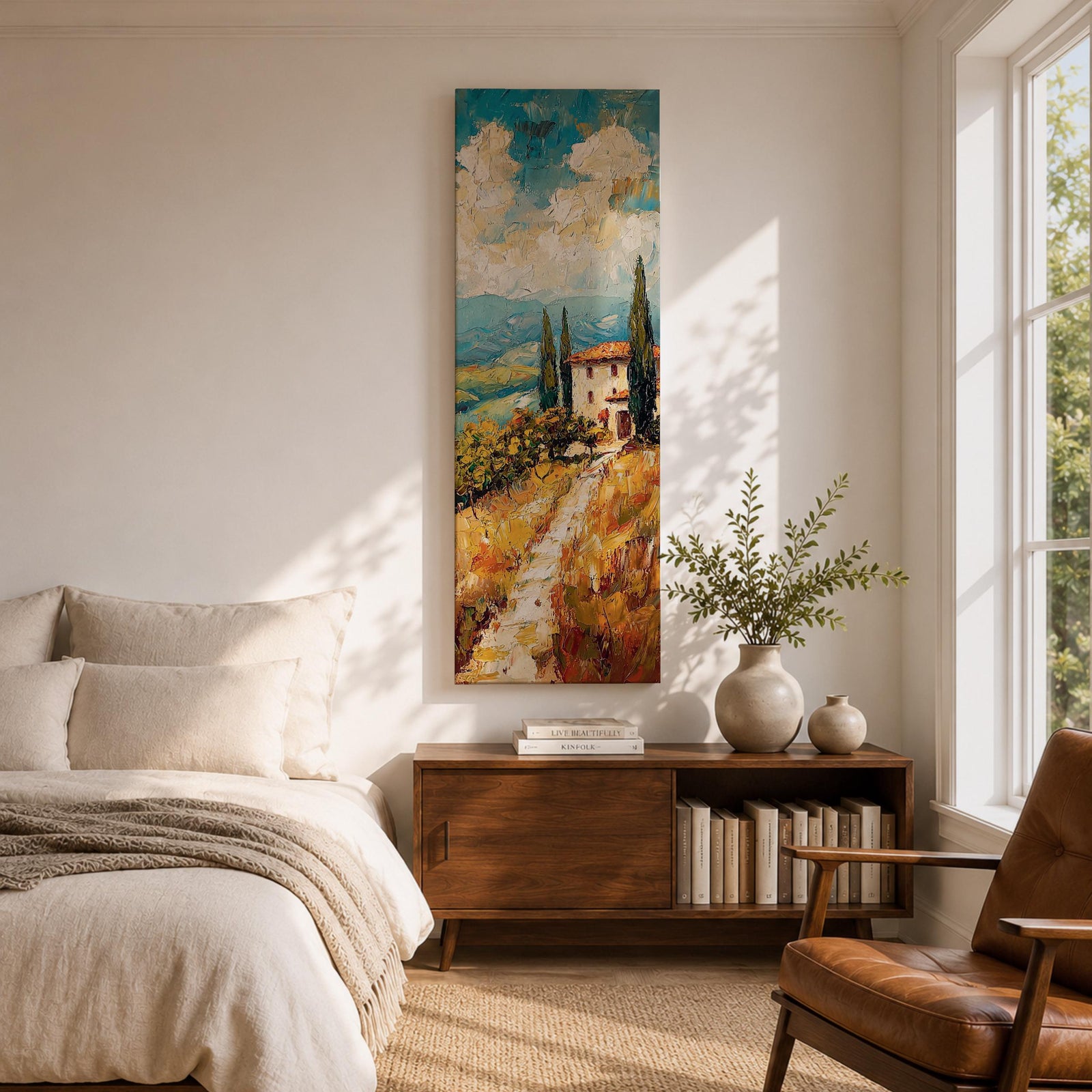 Vertical oil style painting of a Tuscany landscape featuring a winding dirt path leading to a small countryside villa with a red tiled roof surrounded by tall cypress trees. Rolling hills stretch into the distance beneath a dramatic sky filled with textured clouds, painted in expressive brushstrokes with warm earth tones and soft blue horizons.