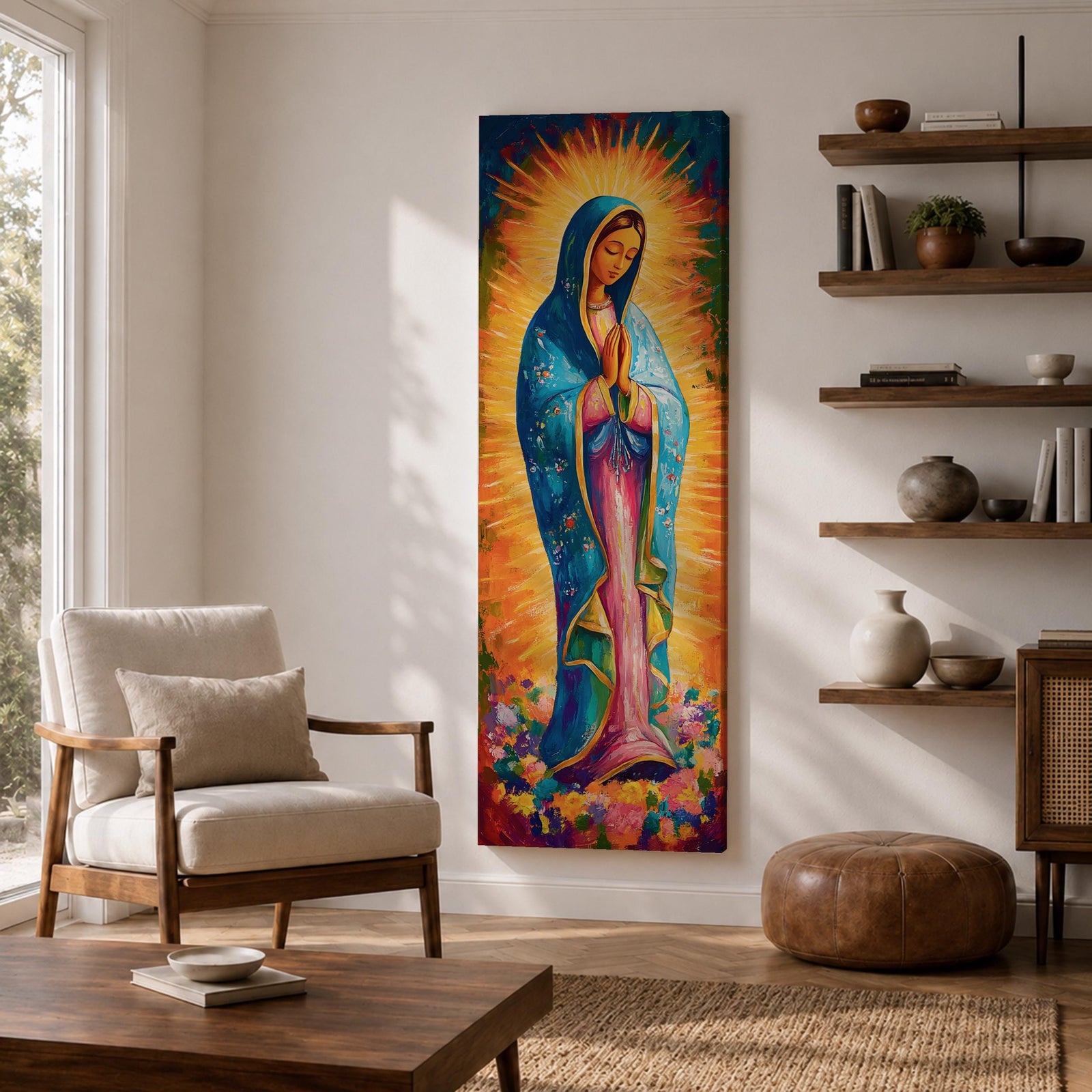 Long vertical painting of the Virgin Mary standing in prayer with hands together, wearing a blue mantle over a pink robe and surrounded by radiant golden rays. Colorful flowers gather at her feet while expressive brushstrokes and vibrant tones create a devotional depiction inspired by the Virgen de Guadalupe iconography.