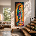 Long vertical painting of the Virgin Mary standing in prayer with hands together, wearing a blue mantle over a pink robe and surrounded by radiant golden rays. Colorful flowers gather at her feet while expressive brushstrokes and vibrant tones create a devotional depiction inspired by the Virgen de Guadalupe iconography.