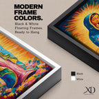 Long vertical painting of the Virgin Mary standing in prayer with hands together, wearing a blue mantle over a pink robe and surrounded by radiant golden rays. Colorful flowers gather at her feet while expressive brushstrokes and vibrant tones create a devotional depiction inspired by the Virgen de Guadalupe iconography.