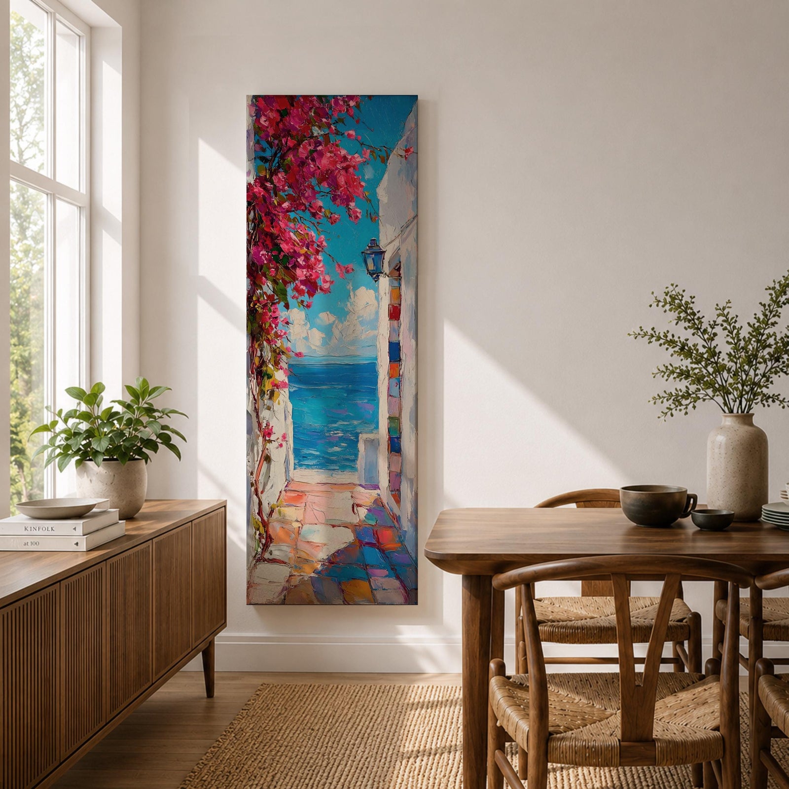 Santorini Long Narrow Vertical Wall Art Greek Island Village Gift Living Room Home Decor