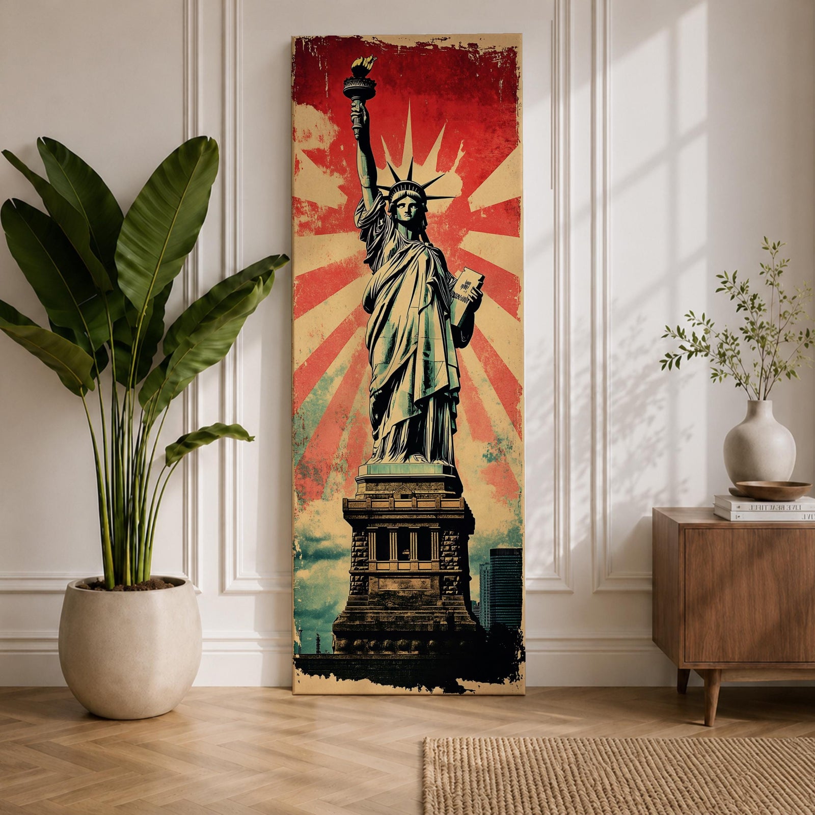 Long vertical retro poster style artwork featuring the Statue of Liberty standing on her pedestal holding the torch high with a tablet in her arm. Bold red sunburst rays radiate behind the monument while distressed textures and muted green tones create a vintage propaganda inspired illustration of the iconic New York landmark.