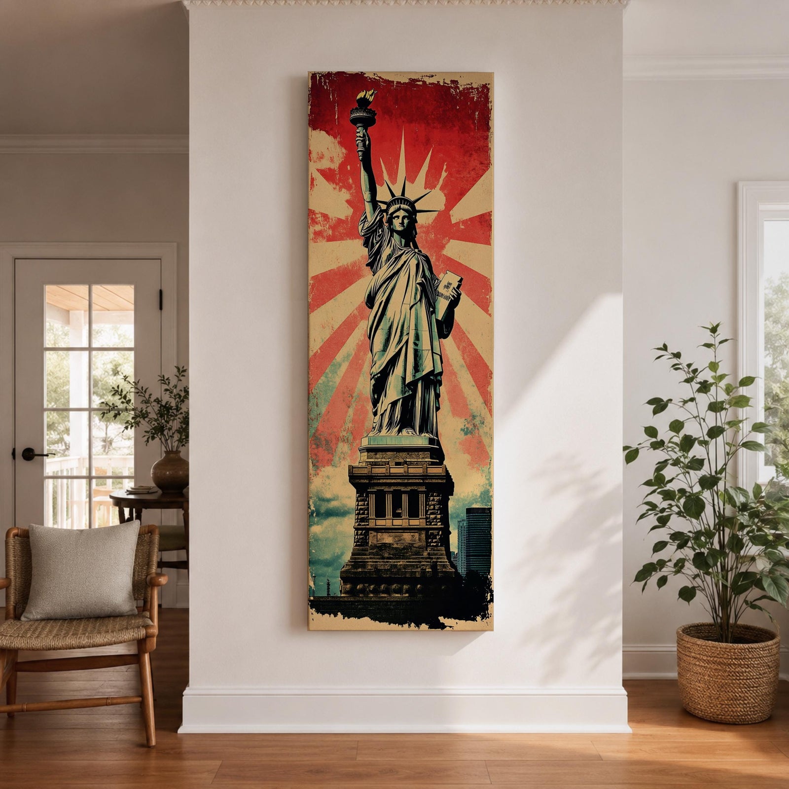 Long vertical retro poster style artwork featuring the Statue of Liberty standing on her pedestal holding the torch high with a tablet in her arm. Bold red sunburst rays radiate behind the monument while distressed textures and muted green tones create a vintage propaganda inspired illustration of the iconic New York landmark.