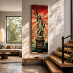 Long vertical retro poster style artwork featuring the Statue of Liberty standing on her pedestal holding the torch high with a tablet in her arm. Bold red sunburst rays radiate behind the monument while distressed textures and muted green tones create a vintage propaganda inspired illustration of the iconic New York landmark.