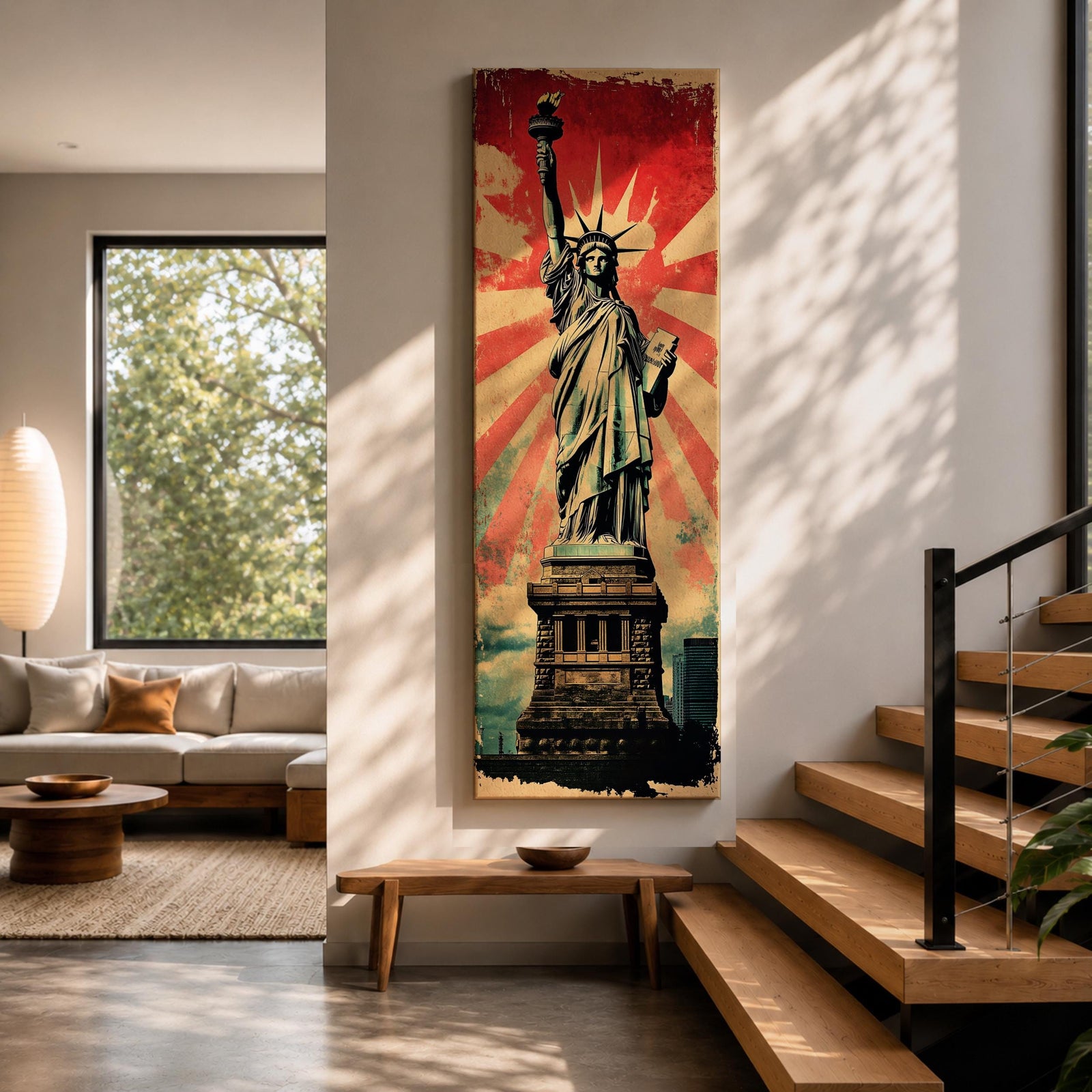 Long vertical retro poster style artwork featuring the Statue of Liberty standing on her pedestal holding the torch high with a tablet in her arm. Bold red sunburst rays radiate behind the monument while distressed textures and muted green tones create a vintage propaganda inspired illustration of the iconic New York landmark.