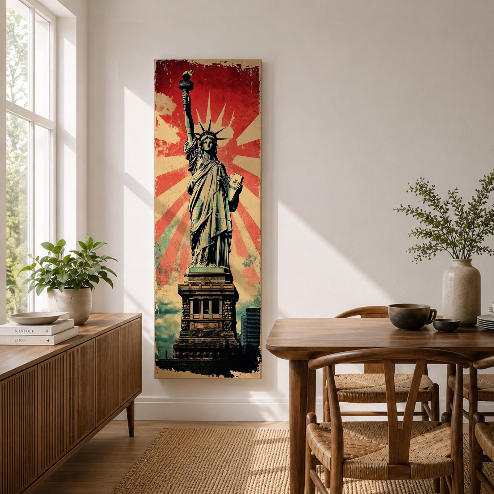Long vertical retro poster style artwork featuring the Statue of Liberty standing on her pedestal holding the torch high with a tablet in her arm. Bold red sunburst rays radiate behind the monument while distressed textures and muted green tones create a vintage propaganda inspired illustration of the iconic New York landmark.