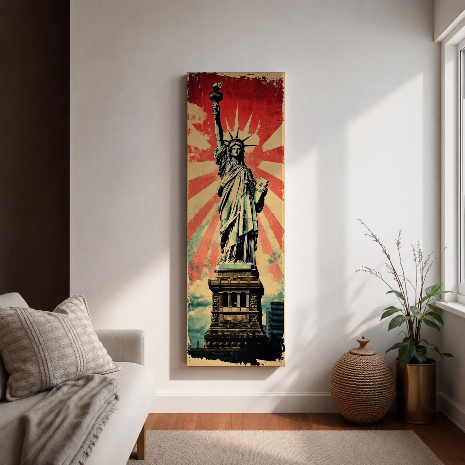 Long vertical retro poster style artwork featuring the Statue of Liberty standing on her pedestal holding the torch high with a tablet in her arm. Bold red sunburst rays radiate behind the monument while distressed textures and muted green tones create a vintage propaganda inspired illustration of the iconic New York landmark.