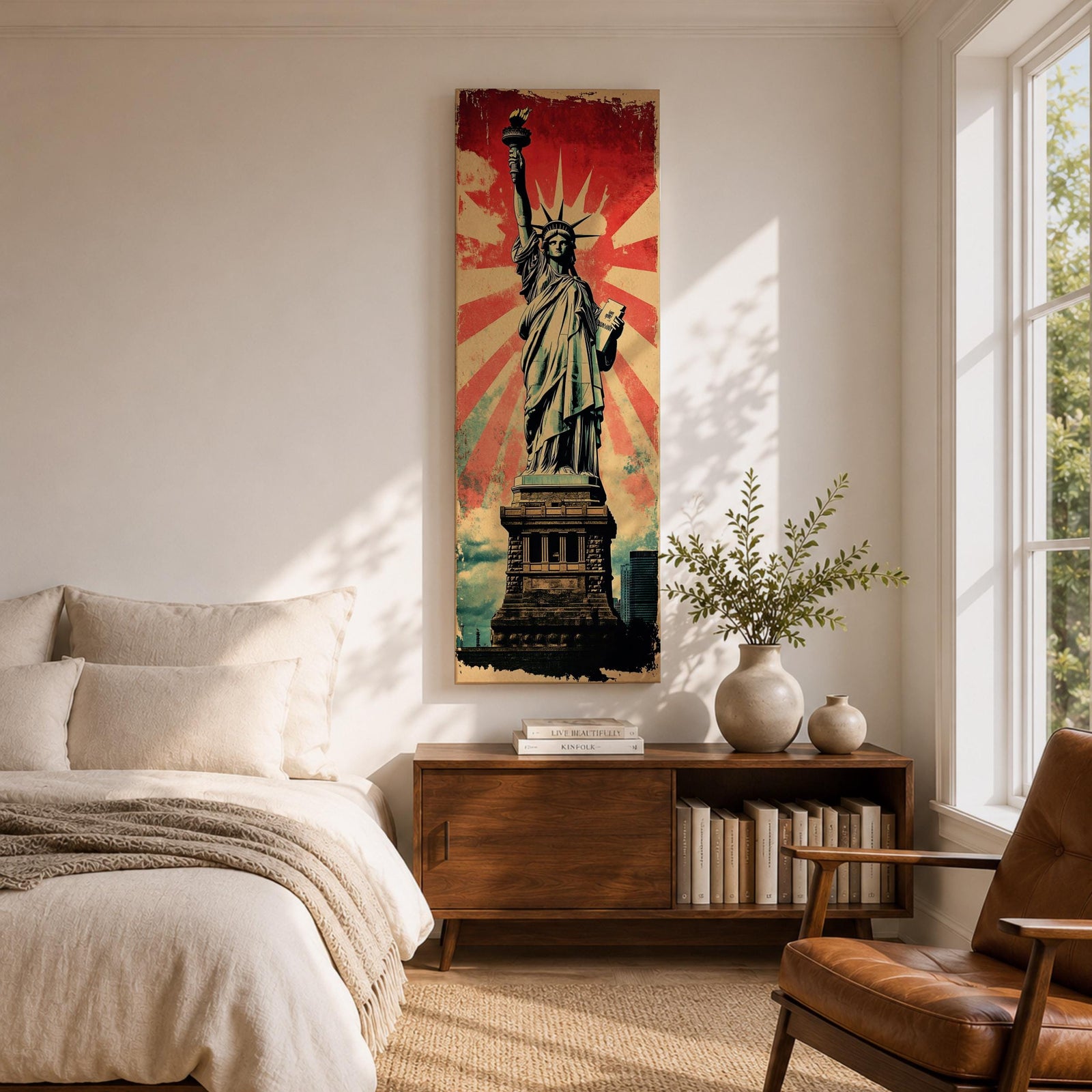 Long vertical retro poster style artwork featuring the Statue of Liberty standing on her pedestal holding the torch high with a tablet in her arm. Bold red sunburst rays radiate behind the monument while distressed textures and muted green tones create a vintage propaganda inspired illustration of the iconic New York landmark.