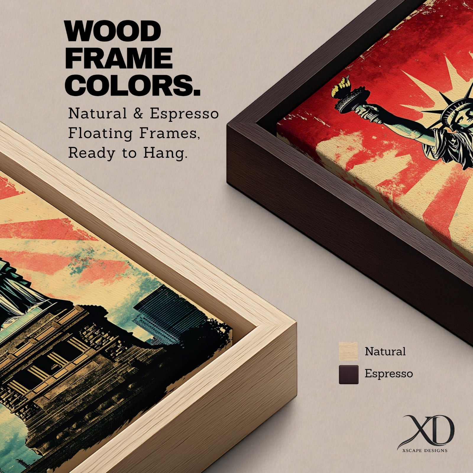 Long vertical retro poster style artwork featuring the Statue of Liberty standing on her pedestal holding the torch high with a tablet in her arm. Bold red sunburst rays radiate behind the monument while distressed textures and muted green tones create a vintage propaganda inspired illustration of the iconic New York landmark.