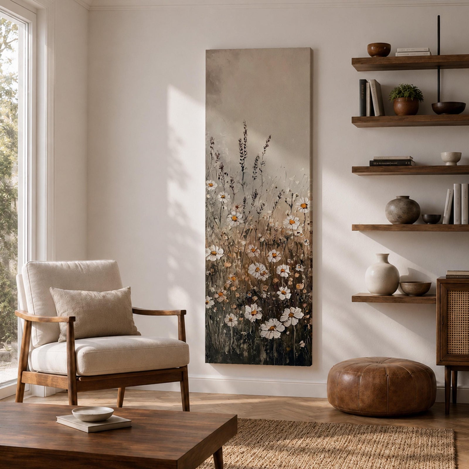 Long vertical painting of delicate wildflowers and daisies rising through tall meadow grasses in soft neutral tones. White petals with warm golden centers appear among slender stems and subtle foliage against a muted beige sky creating a calm botanical meadow composition with layered natural textures.