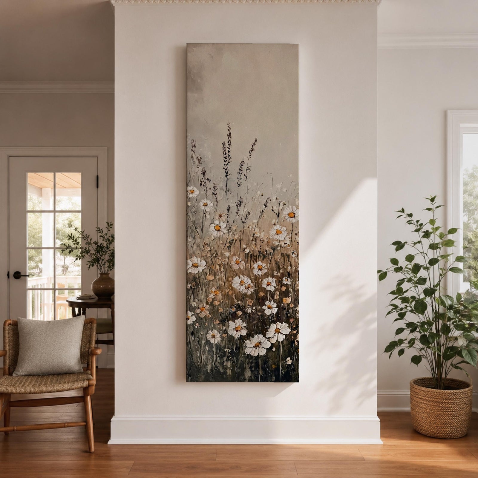 Long vertical painting of delicate wildflowers and daisies rising through tall meadow grasses in soft neutral tones. White petals with warm golden centers appear among slender stems and subtle foliage against a muted beige sky creating a calm botanical meadow composition with layered natural textures.