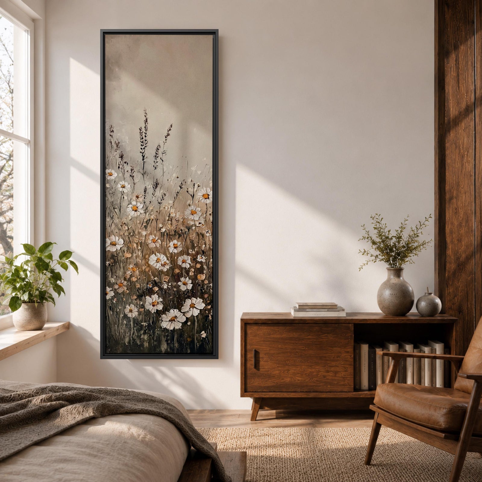 Long vertical painting of delicate wildflowers and daisies rising through tall meadow grasses in soft neutral tones. White petals with warm golden centers appear among slender stems and subtle foliage against a muted beige sky creating a calm botanical meadow composition with layered natural textures.