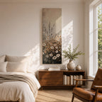 Long vertical painting of delicate wildflowers and daisies rising through tall meadow grasses in soft neutral tones. White petals with warm golden centers appear among slender stems and subtle foliage against a muted beige sky creating a calm botanical meadow composition with layered natural textures.