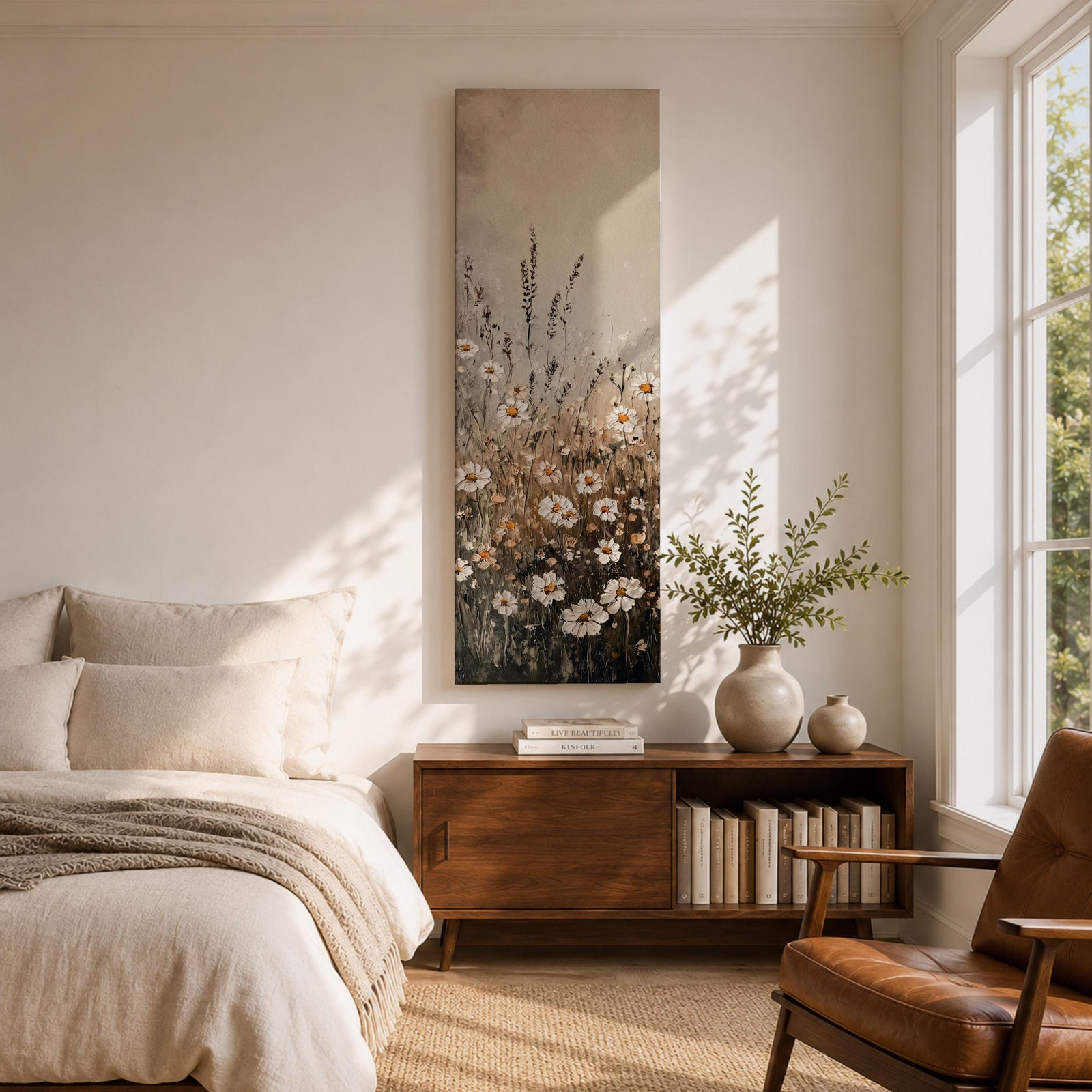Long vertical painting of delicate wildflowers and daisies rising through tall meadow grasses in soft neutral tones. White petals with warm golden centers appear among slender stems and subtle foliage against a muted beige sky creating a calm botanical meadow composition with layered natural textures.