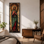 Long vertical painting of the Virgin Mary standing with hands clasped in prayer, wearing a deep red robe and teal mantle. An ornate circular golden halo with sacred symbols forms a radiant backdrop while textured brushwork and aged tones create a traditional Catholic devotional icon style composition.