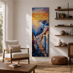 Long vertical painting of a Santorini coastal village with whitewashed buildings and a blue dome church overlooking the sea at sunset. A stone pathway descends between bright white walls toward the shoreline while golden sunlight reflects across calm water and warm clouds fill the sky.