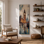 Long vertical painting of Big Ben rising above Westminster with the illuminated clock tower reflecting across a rain soaked London street. Cars and city lights shimmer on wet pavement while expressive brushstrokes capture the moody atmosphere of an evening cityscape around the iconic landmark.