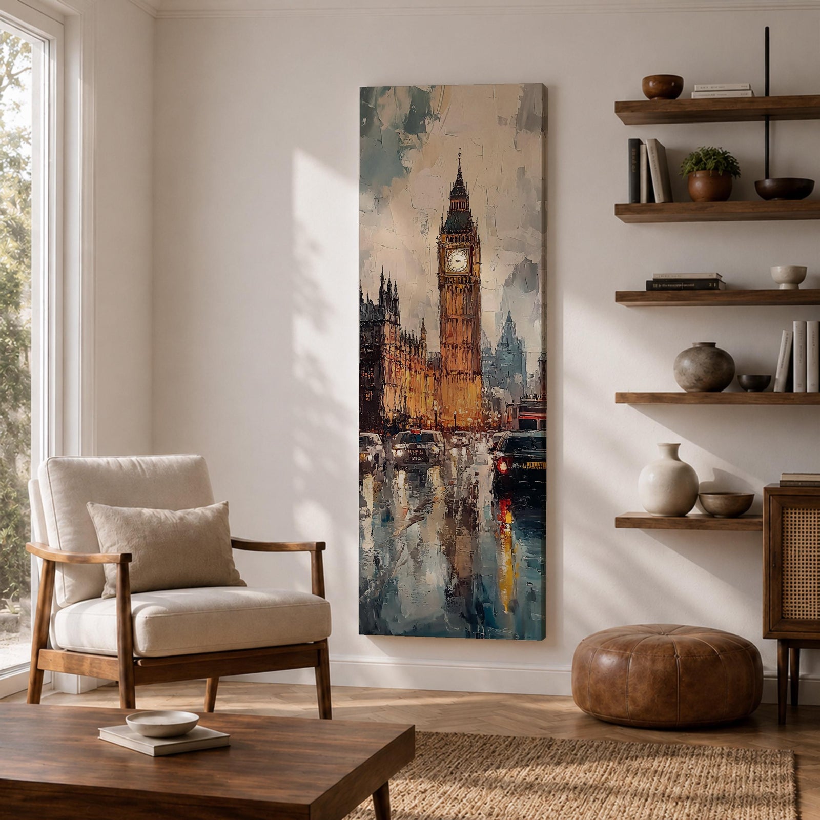 Long vertical painting of Big Ben rising above Westminster with the illuminated clock tower reflecting across a rain soaked London street. Cars and city lights shimmer on wet pavement while expressive brushstrokes capture the moody atmosphere of an evening cityscape around the iconic landmark.
