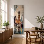 Long vertical painting of Big Ben rising above Westminster with the illuminated clock tower reflecting across a rain soaked London street. Cars and city lights shimmer on wet pavement while expressive brushstrokes capture the moody atmosphere of an evening cityscape around the iconic landmark.