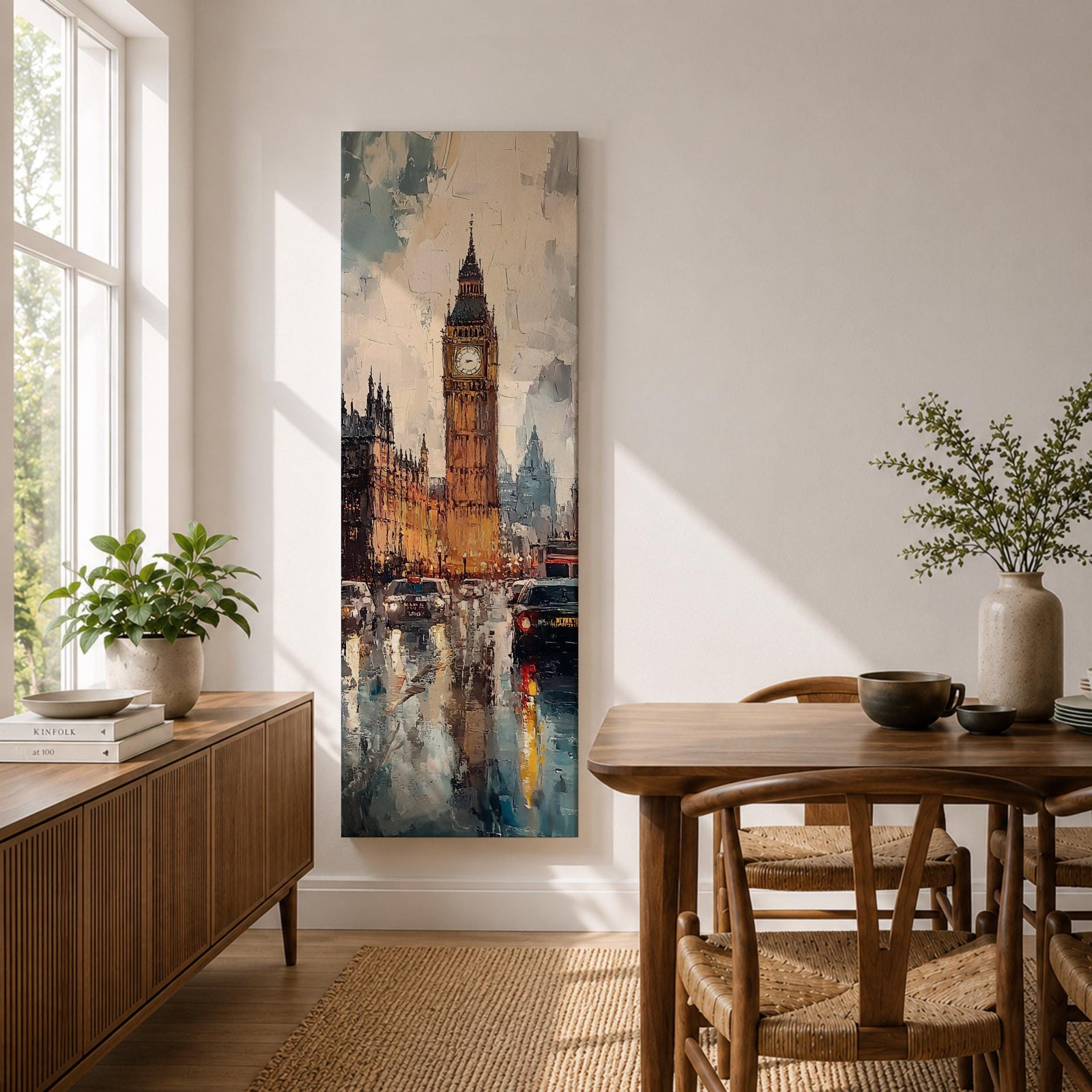 Long vertical painting of Big Ben rising above Westminster with the illuminated clock tower reflecting across a rain soaked London street. Cars and city lights shimmer on wet pavement while expressive brushstrokes capture the moody atmosphere of an evening cityscape around the iconic landmark.