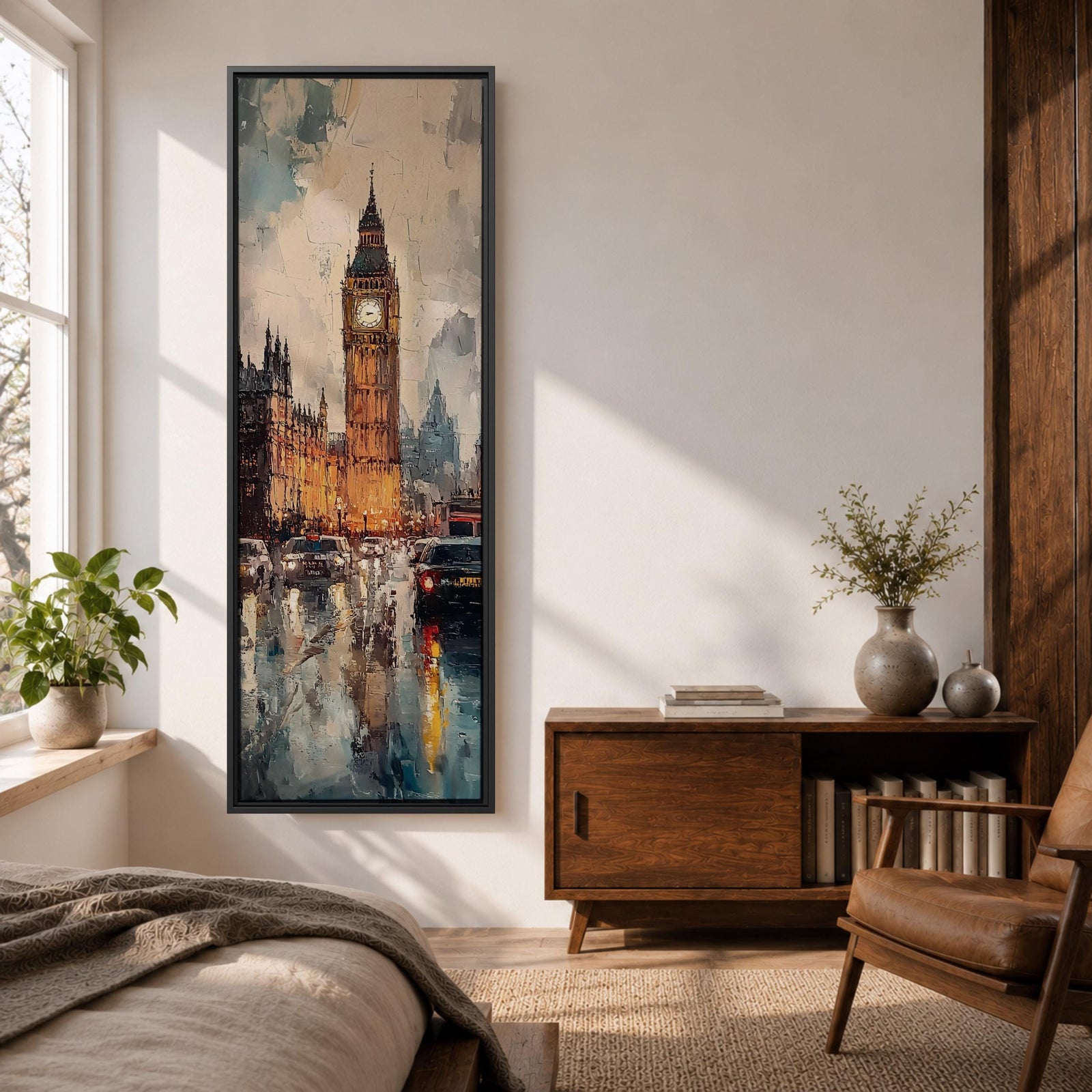 Long vertical painting of Big Ben rising above Westminster with the illuminated clock tower reflecting across a rain soaked London street. Cars and city lights shimmer on wet pavement while expressive brushstrokes capture the moody atmosphere of an evening cityscape around the iconic landmark.