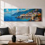 Panoramic Mediterranean coastal painting of the Amalfi Coast featuring colorful hillside houses overlooking bright blue sea. A stone harbor with arches and boats sits along the shoreline while mountains rise in the background beneath a clear sky with scattered clouds across the wide horizontal seaside composition.