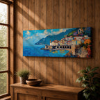 Panoramic Mediterranean coastal painting of the Amalfi Coast featuring colorful hillside houses overlooking bright blue sea. A stone harbor with arches and boats sits along the shoreline while mountains rise in the background beneath a clear sky with scattered clouds across the wide horizontal seaside composition.