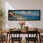 Panoramic Mediterranean coastal village painting featuring bright turquoise sea with sailboats near a rocky shoreline lined with colorful houses and flowering trees. Rolling hills rise in the distance beneath a blue sky with soft clouds, while textured brushstrokes capture waves and sunlight across the wide seascape.
