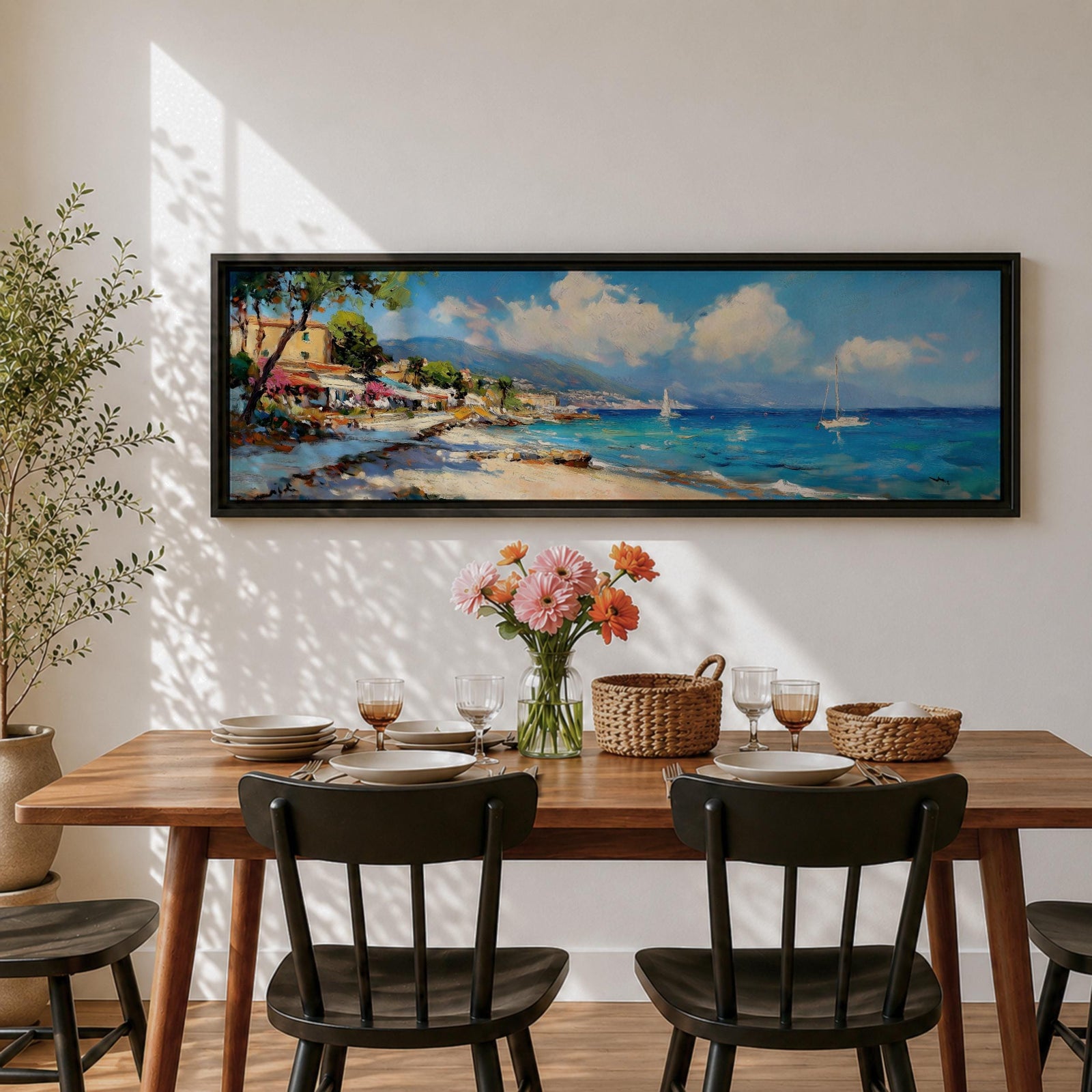 Panoramic Mediterranean coastal village painting featuring bright turquoise sea with sailboats near a rocky shoreline lined with colorful houses and flowering trees. Rolling hills rise in the distance beneath a blue sky with soft clouds, while textured brushstrokes capture waves and sunlight across the wide seascape.