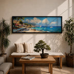 Panoramic Mediterranean coastal village painting featuring bright turquoise sea with sailboats near a rocky shoreline lined with colorful houses and flowering trees. Rolling hills rise in the distance beneath a blue sky with soft clouds, while textured brushstrokes capture waves and sunlight across the wide seascape.