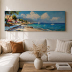 Panoramic Mediterranean coastal village painting featuring bright turquoise sea with sailboats near a rocky shoreline lined with colorful houses and flowering trees. Rolling hills rise in the distance beneath a blue sky with soft clouds, while textured brushstrokes capture waves and sunlight across the wide seascape.