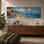 Panoramic Mediterranean coastal village painting featuring bright turquoise sea with sailboats near a rocky shoreline lined with colorful houses and flowering trees. Rolling hills rise in the distance beneath a blue sky with soft clouds, while textured brushstrokes capture waves and sunlight across the wide seascape.